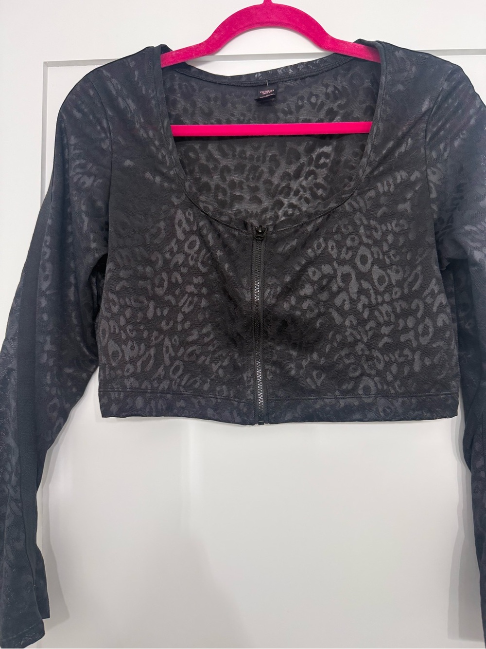 Victorias Secret Black Leopard Print Crop Zip Top